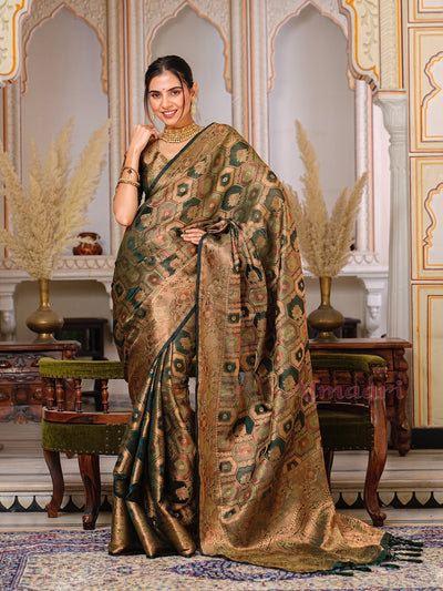 Dark Green Color Pure Organza Saree Adorned with Zari Weaving, Complete with Matching Blouse Piece - Almaari Fashion