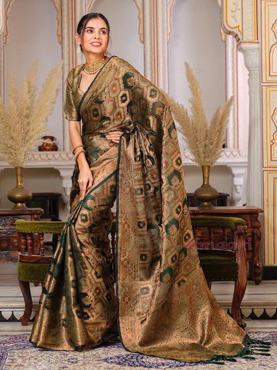 Dark Green Color Pure Organza Saree Adorned with Zari Weaving, Complete with Matching Blouse Piece - Almaari Fashion