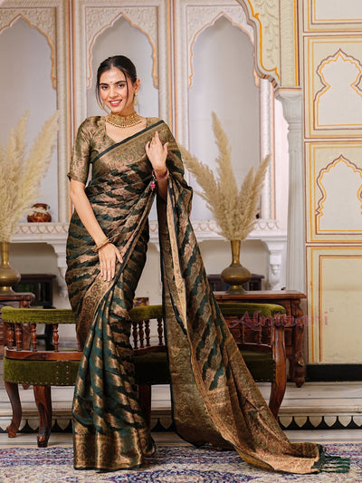 Dark Green Color Pure Organza Saree Adorned with Zari Weaving, Complete with Matching Blouse Piece - Almaari Fashion