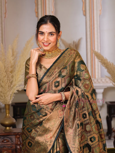 Dark Green Color Pure Organza Saree Adorned with Zari Weaving, Complete with Matching Blouse Piece - Almaari Fashion