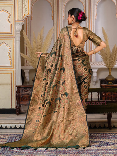 Dark Green Color Pure Organza Saree Adorned with Zari Weaving, Complete with Matching Blouse Piece - Almaari Fashion