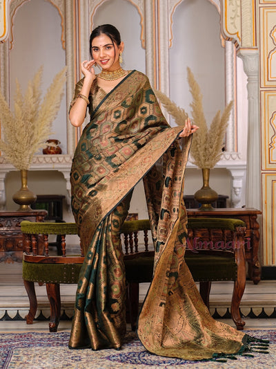 Dark Green Color Pure Organza Saree Adorned with Zari Weaving, Complete with Matching Blouse Piece - Almaari Fashion