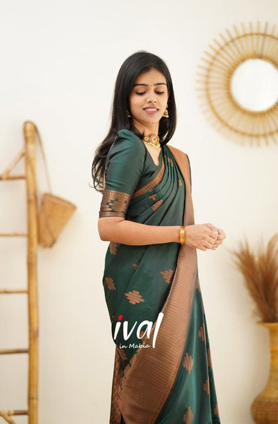 Dark Green Pure Kanjivaram Silk With Confounding Blouse Piece - Almaari Fashion