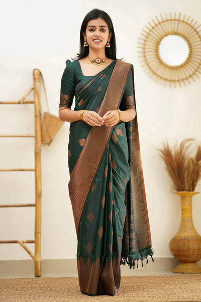 Dark Green Pure Kanjivaram Silk With Confounding Blouse Piece - Almaari Fashion