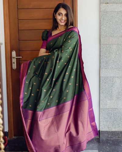 Dark Green Pure Pure Banarasi Silk With Moiety Blouse Piece - Almaari Fashion
