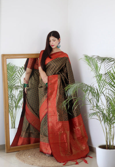 Dark Green & Red Border Pure Banarasi Silk Saree Stylish Blouse Piece - Almaari Fashion