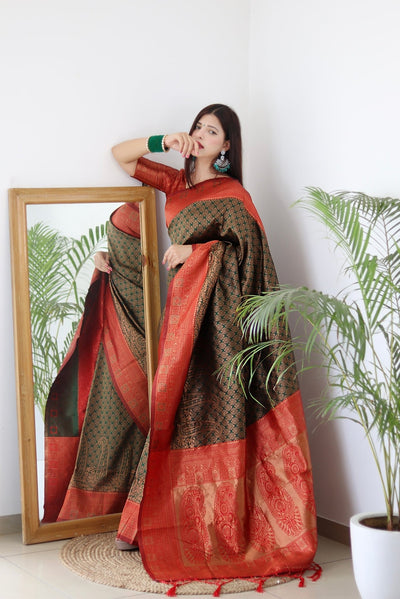 Dark Green & Red Border Pure Banarasi Silk Saree Stylish Blouse Piece - Almaari Fashion