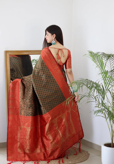 Dark Green & Red Border Pure Banarasi Silk Saree Stylish Blouse Piece - Almaari Fashion