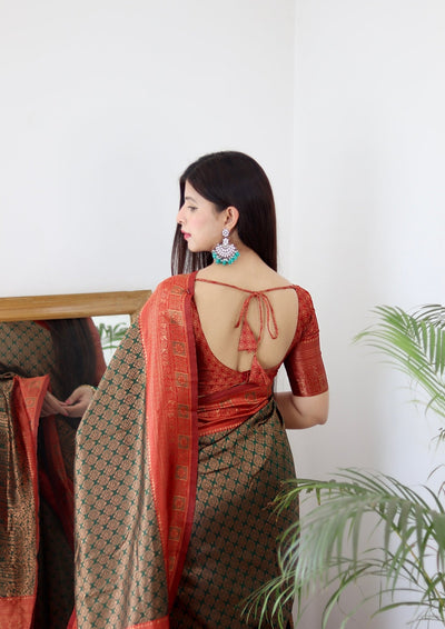 Dark Green & Red Border Pure Banarasi Silk Saree Stylish Blouse Piece - Almaari Fashion