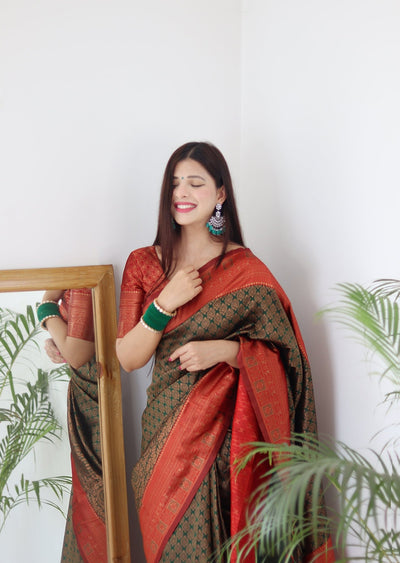 Dark Green & Red Border Pure Banarasi Silk Saree Stylish Blouse Piece - Almaari Fashion