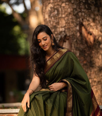 Dark Green With Maroon Combination Pure Kanjivaram Silk Saree With Attractive Blouse Piece - Almaari Fashion