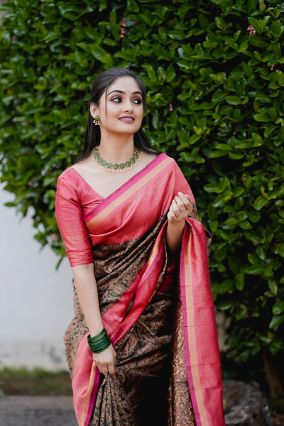 Dark Green With Peach Pure Soft Semi Silk Saree With Attractive Blouse Piece - Almaari Fashion