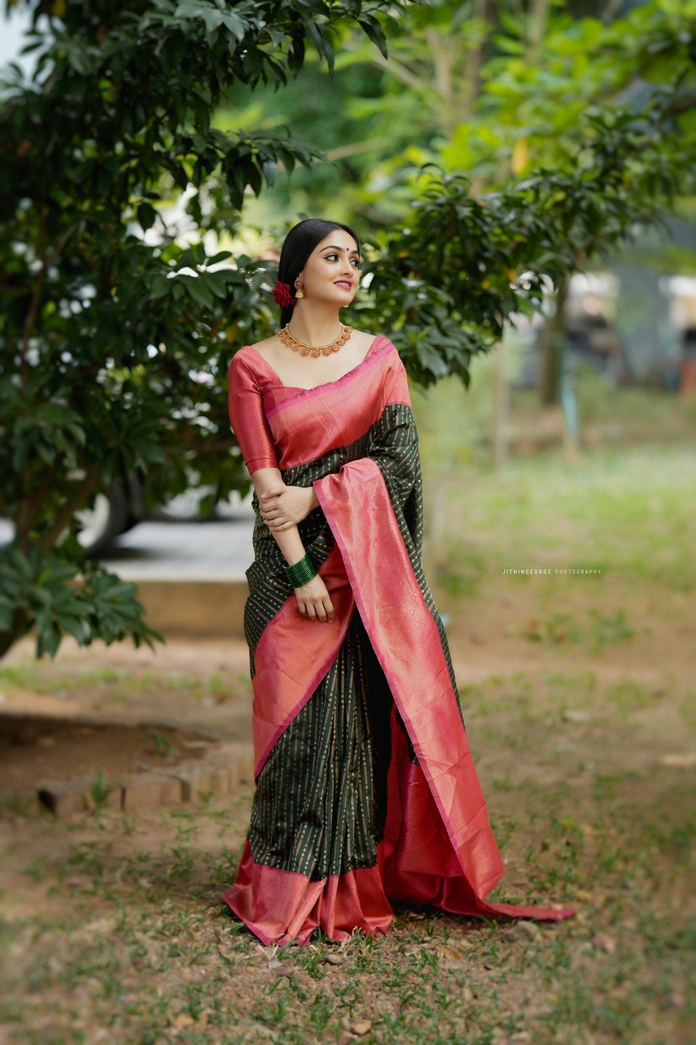 Dark Green With Peach Pure Soft Semi Silk Saree With Attractive Blouse Piece - Almaari Fashion