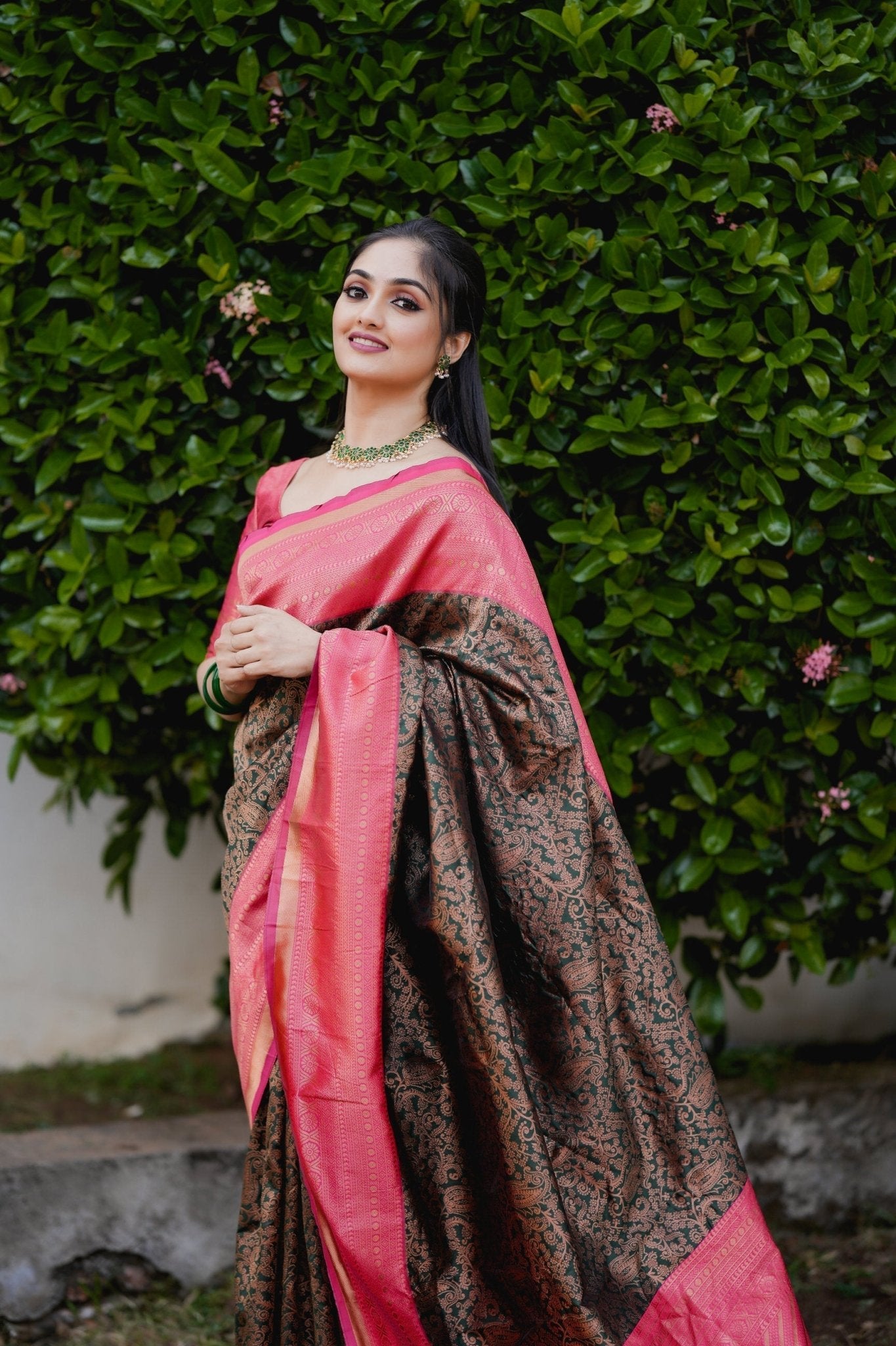 Dark Green With Peach Pure Soft Semi Silk Saree With Attractive Blouse Piece - Almaari Fashion