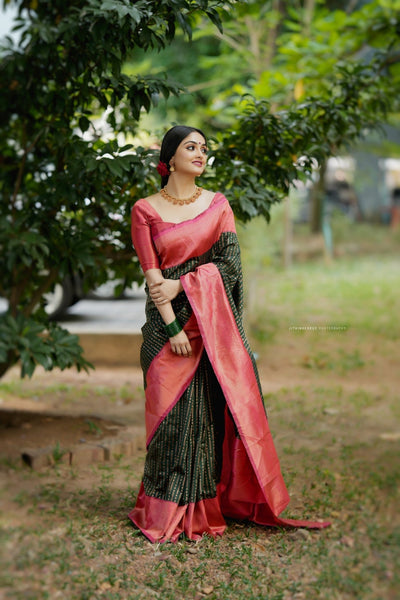 Dark Green With Peach Pure Soft Semi Silk Saree With Attractive Blouse Piece - Almaari Fashion