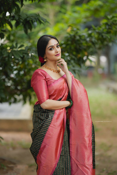 Dark Green With Peach Pure Soft Semi Silk Saree With Attractive Blouse Piece - Almaari Fashion