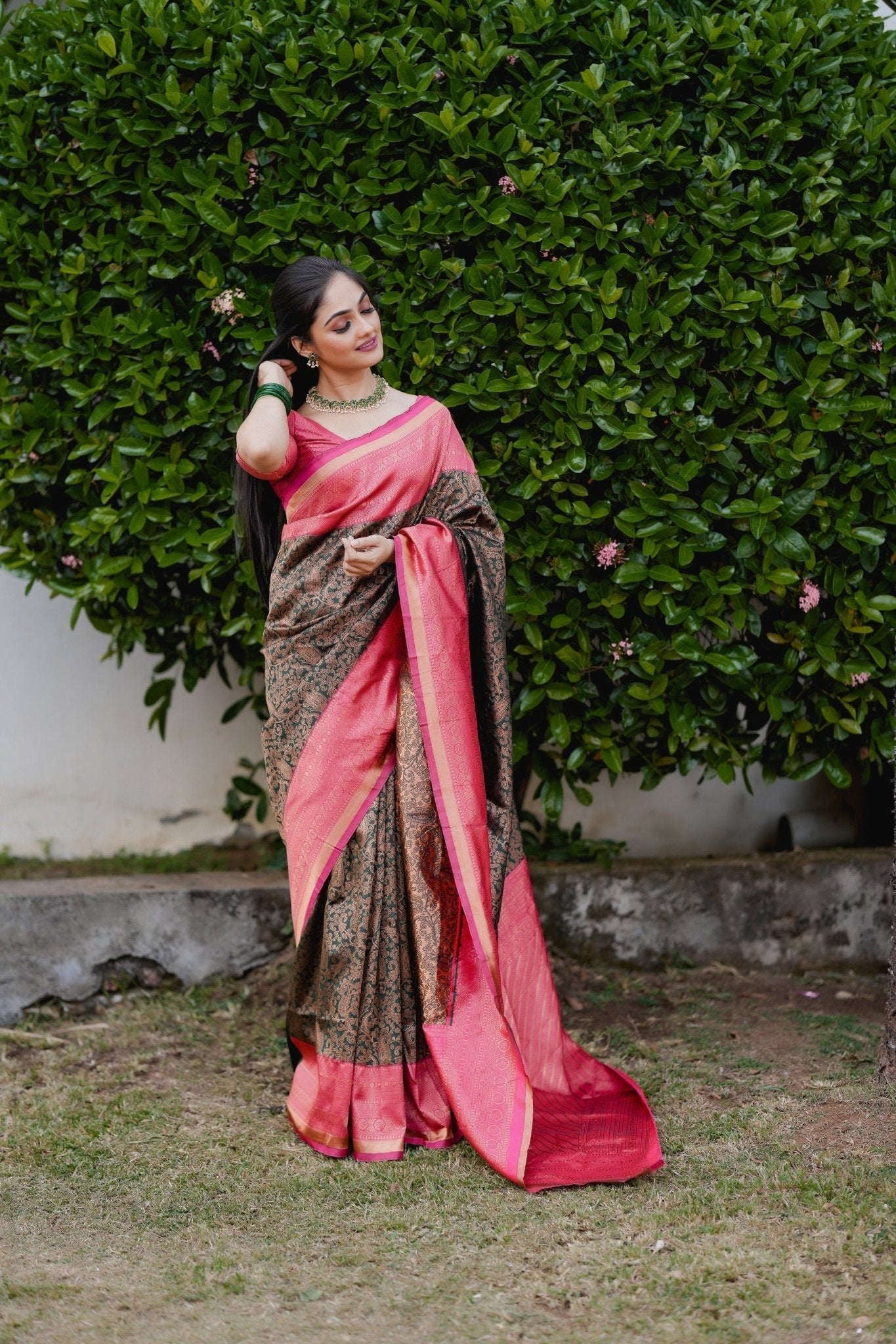 Dark Green With Peach Pure Soft Semi Silk Saree With Attractive Blouse Piece - Almaari Fashion