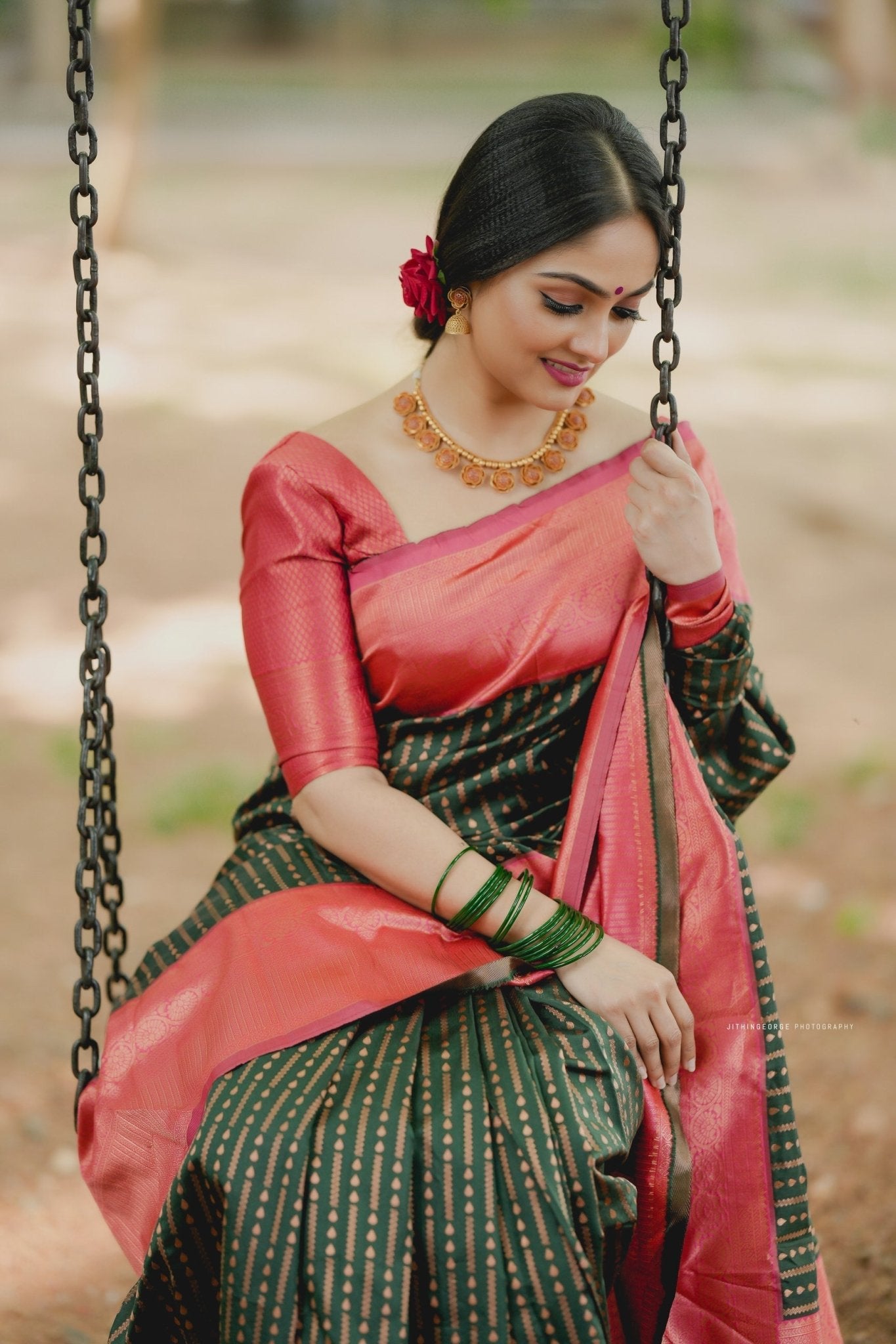 Dark Green With Peach Pure Soft Semi Silk Saree With Attractive Blouse Piece - Almaari Fashion