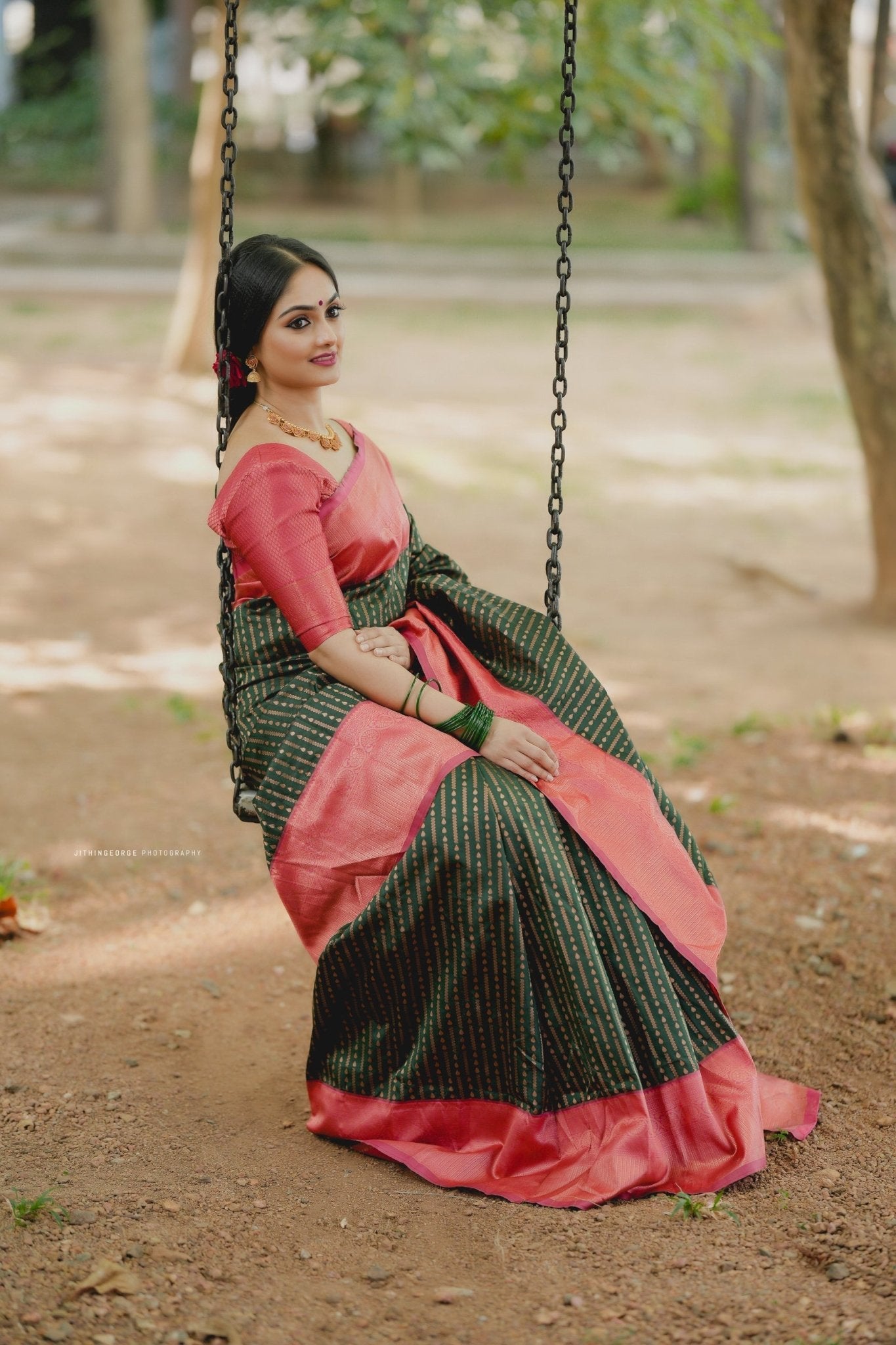 Dark Green With Peach Pure Soft Semi Silk Saree With Attractive Blouse Piece - Almaari Fashion