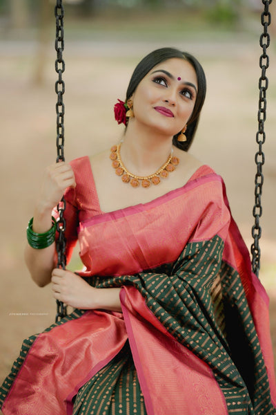 Dark Green With Peach Pure Soft Semi Silk Saree With Attractive Blouse Piece - Almaari Fashion