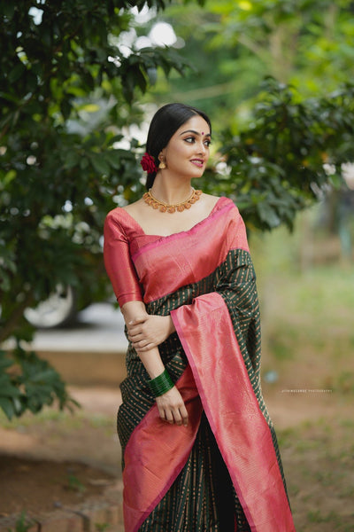 Dark Green With Peach Pure Soft Semi Silk Saree With Attractive Blouse Piece - Almaari Fashion