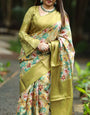 Lime Green Banarasi Silk Saree with Vibrant Floral Digital Print & Zari Weave Border