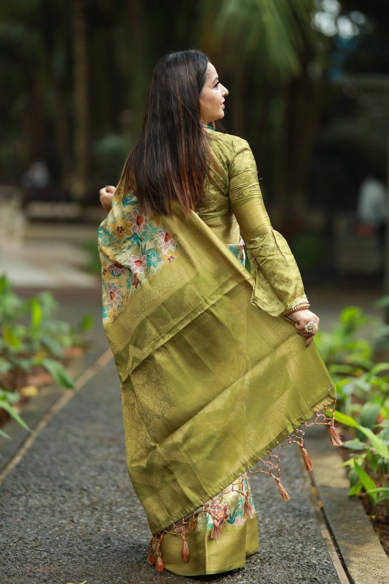 Lime Green Banarasi Silk Saree with Vibrant Floral Digital Print & Zari Weave Border