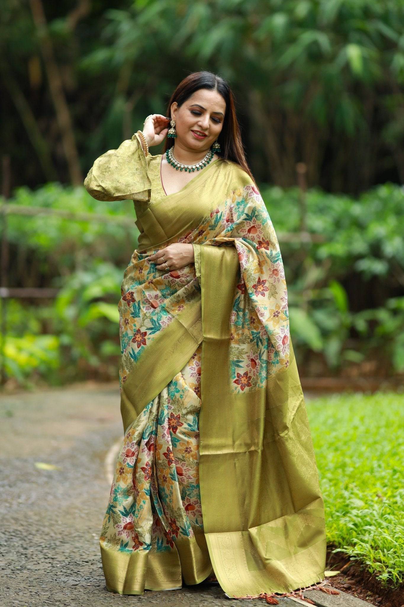 Lime Green Banarasi Silk Saree with Vibrant Floral Digital Print & Zari Weave Border