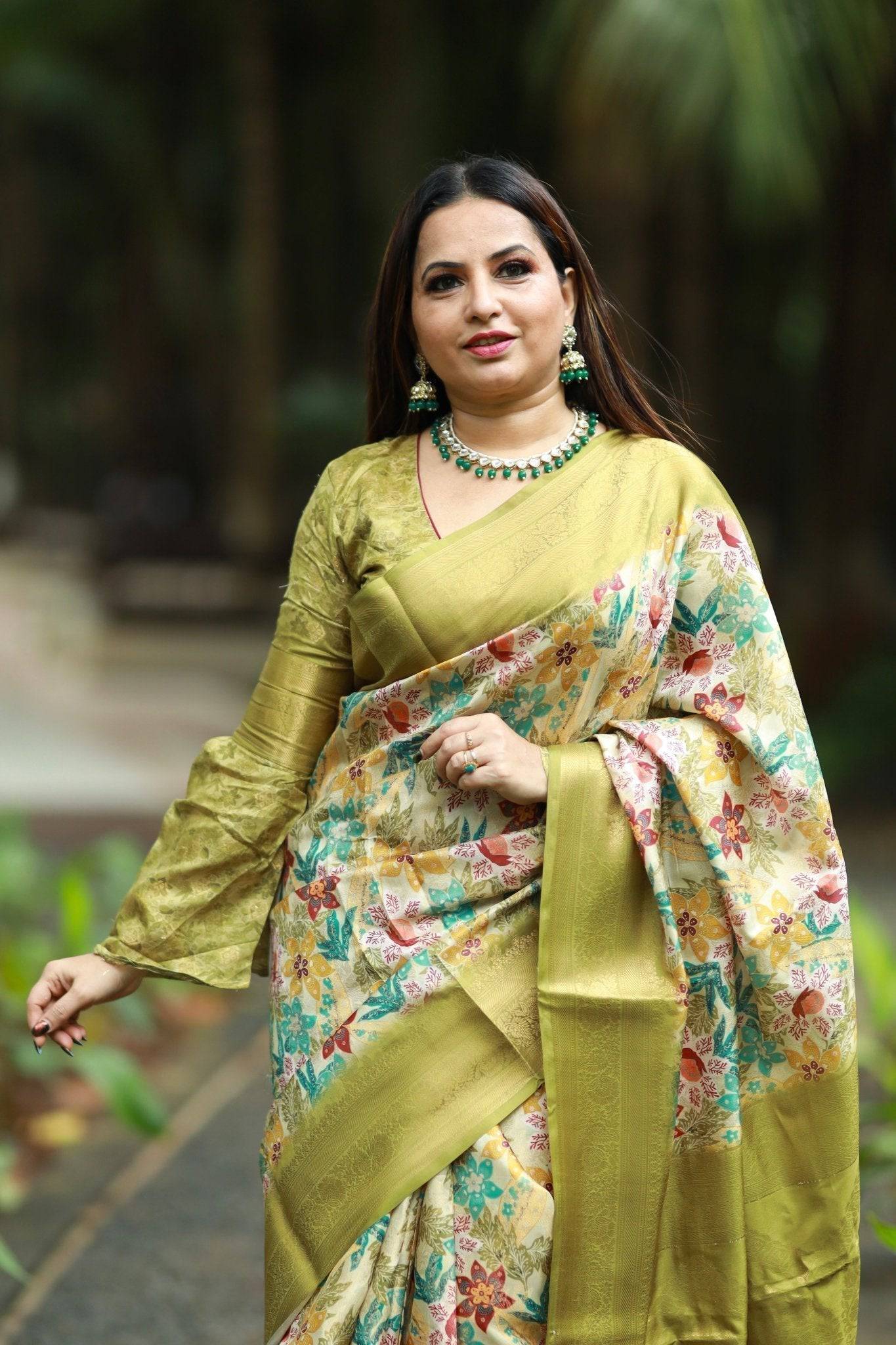 Lime Green Banarasi Silk Saree with Vibrant Floral Digital Print & Zari Weave Border