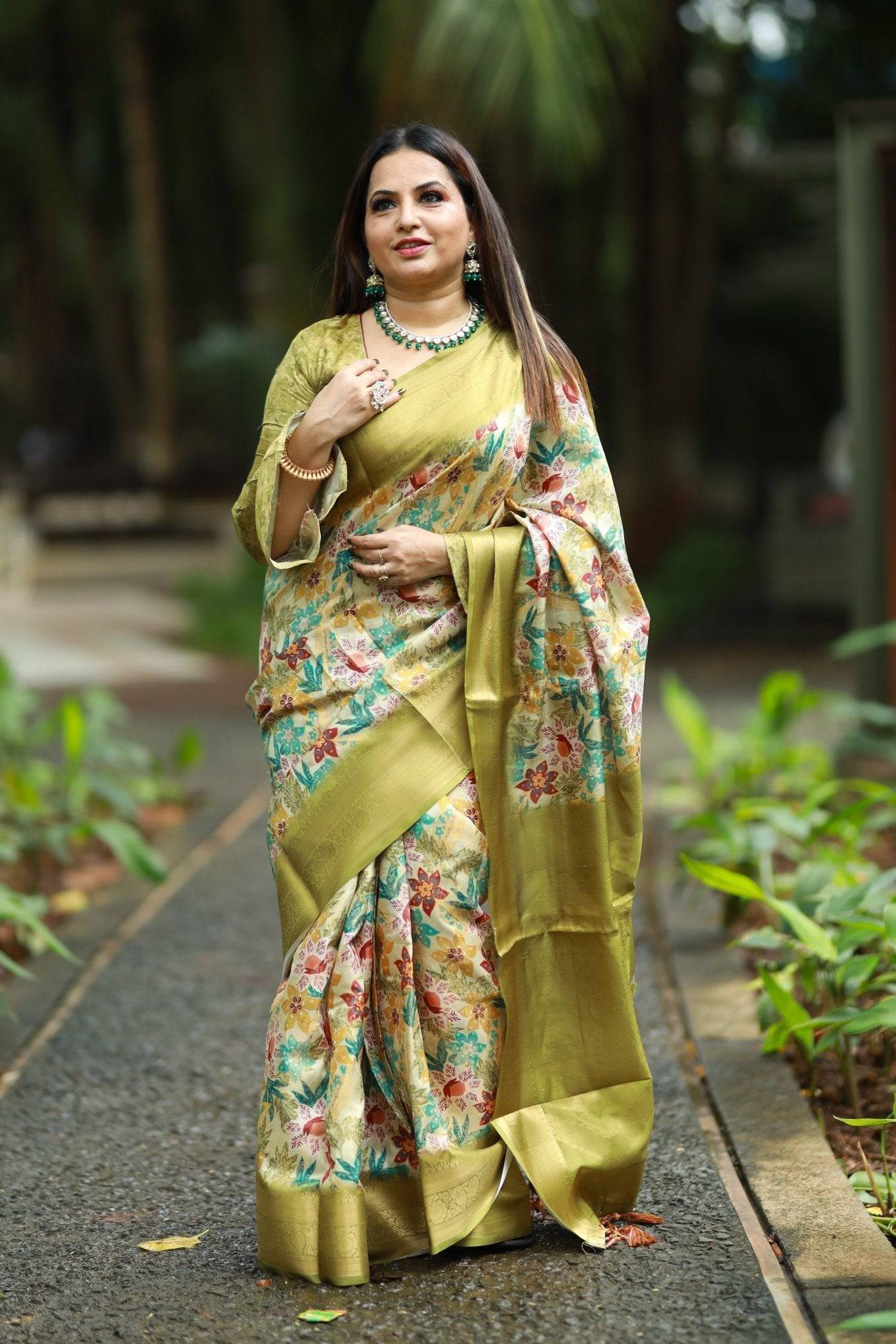 Lime Green Banarasi Silk Saree with Vibrant Floral Digital Print & Zari Weave Border