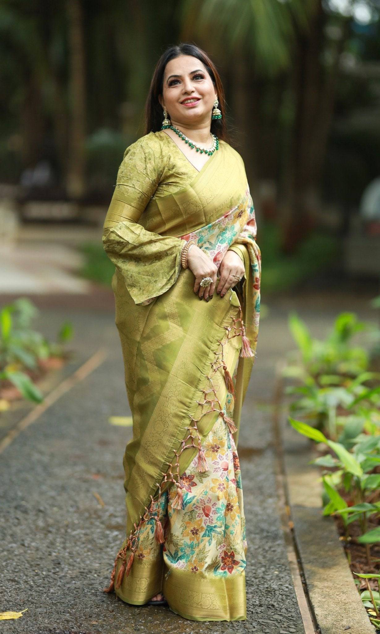 Lime Green Banarasi Silk Saree with Vibrant Floral Digital Print & Zari Weave Border