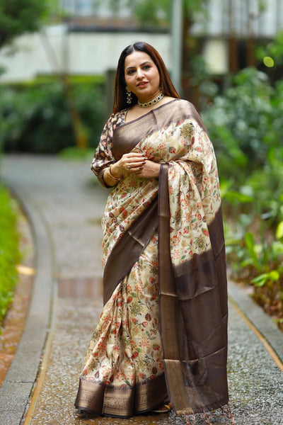 Pure Banarasi Silk Saree Weaved With Golden Zari Comes With Tassels