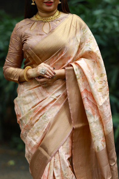 Pastel Peach Banarasi Silk Saree with Golden Zari Border & Subtle Floral Print