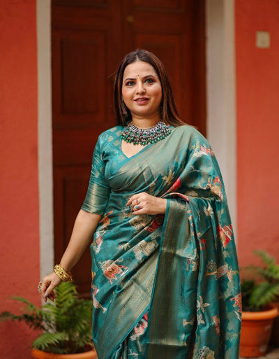 Teal Banarasi Silk Saree with Zari Weave Border & Intricate Traditional Motifs