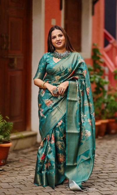 Teal Banarasi Silk Saree with Zari Weave Border & Intricate Traditional Motifs