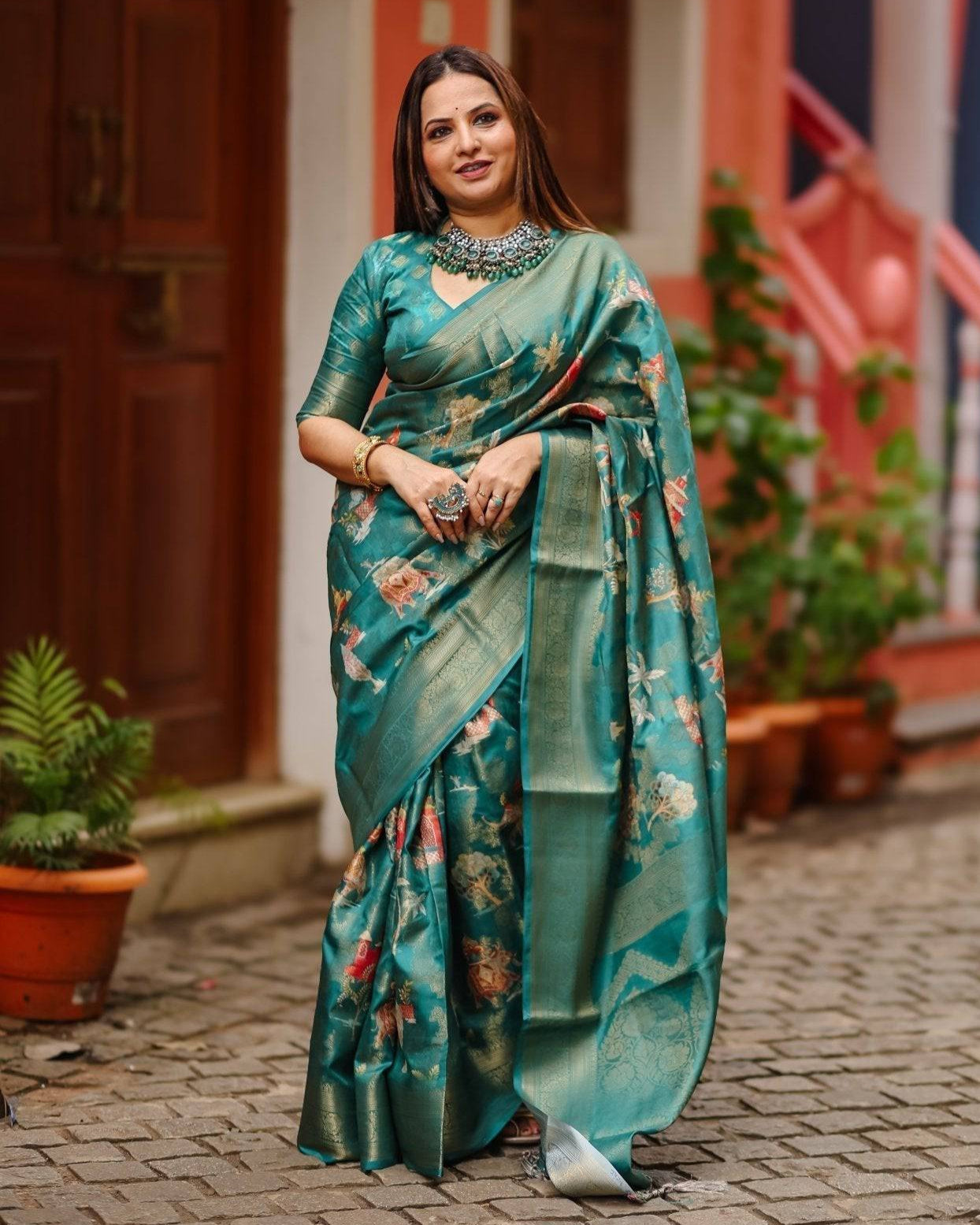 Teal Banarasi Silk Saree with Zari Weave Border & Intricate Traditional Motifs