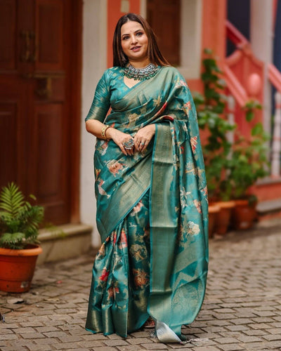 Teal Banarasi Silk Saree with Zari Weave Border & Intricate Traditional Motifs