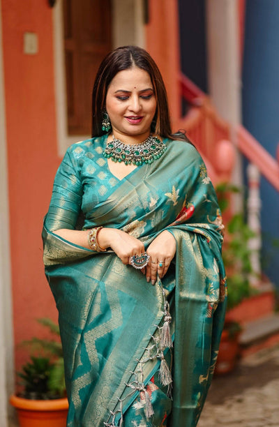 Teal Banarasi Silk Saree with Zari Weave Border & Intricate Traditional Motifs