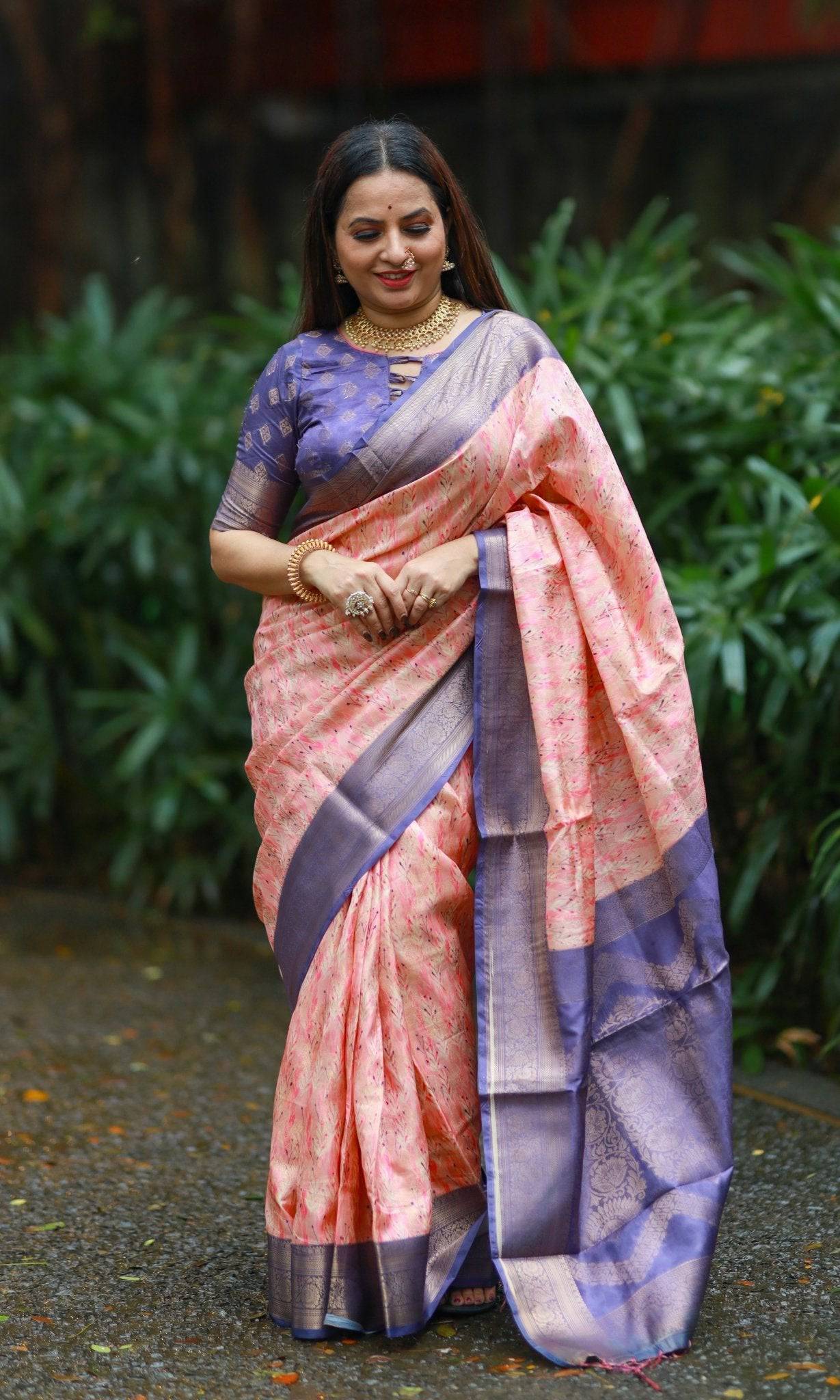 Soft Peach Banarasi Silk Saree with Lavender Zari Border & Delicate Floral Design