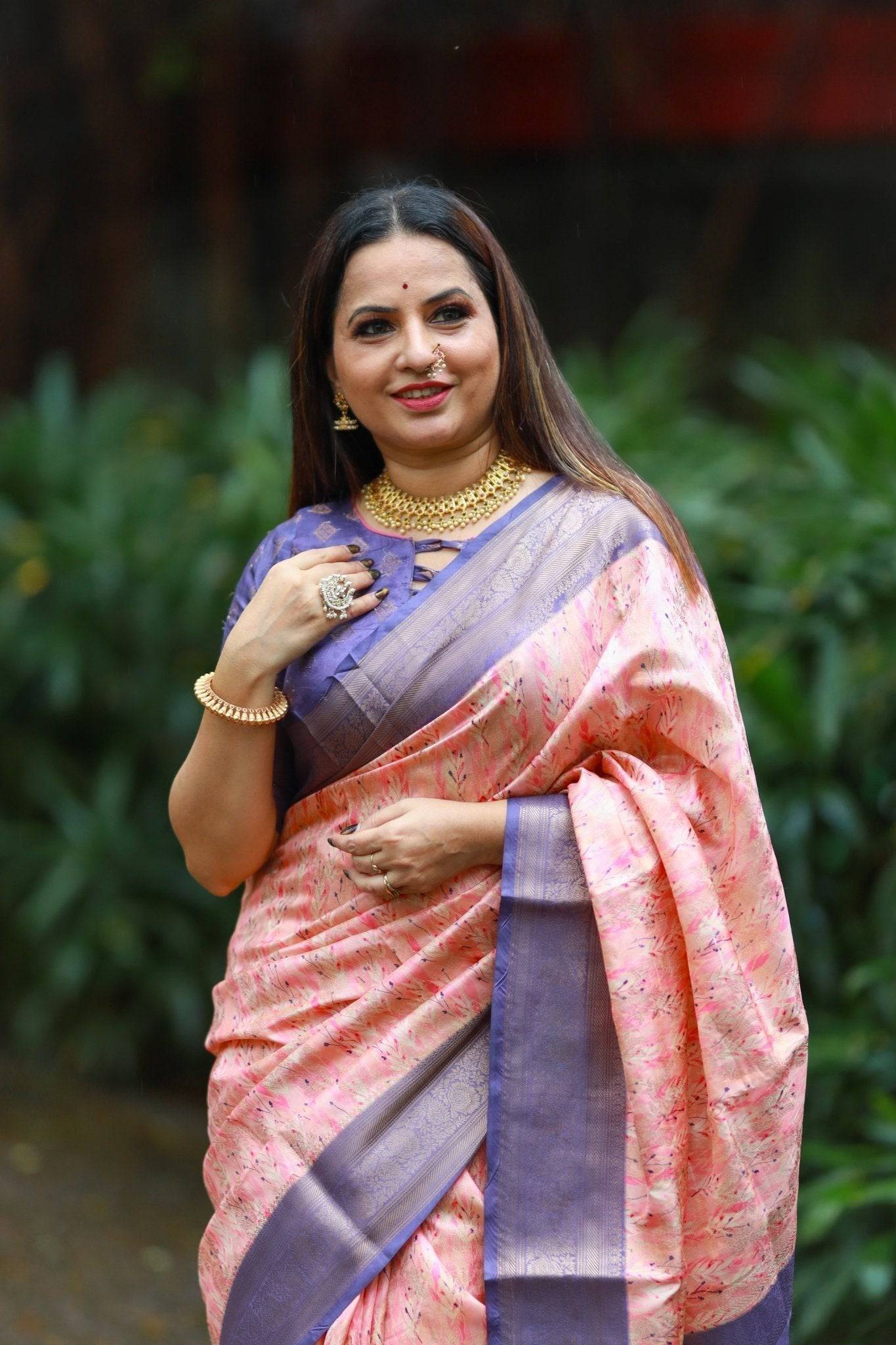 Soft Peach Banarasi Silk Saree with Lavender Zari Border & Delicate Floral Design