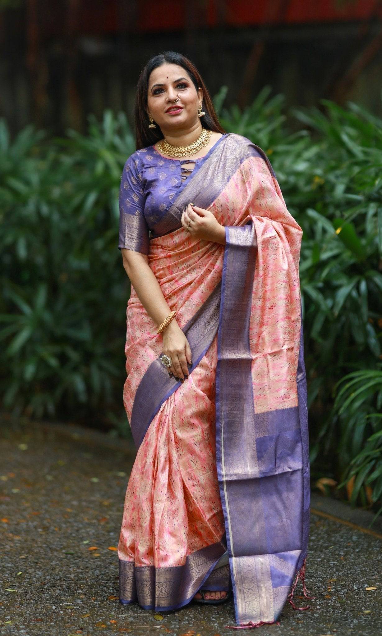 Soft Peach Banarasi Silk Saree with Lavender Zari Border & Delicate Floral Design