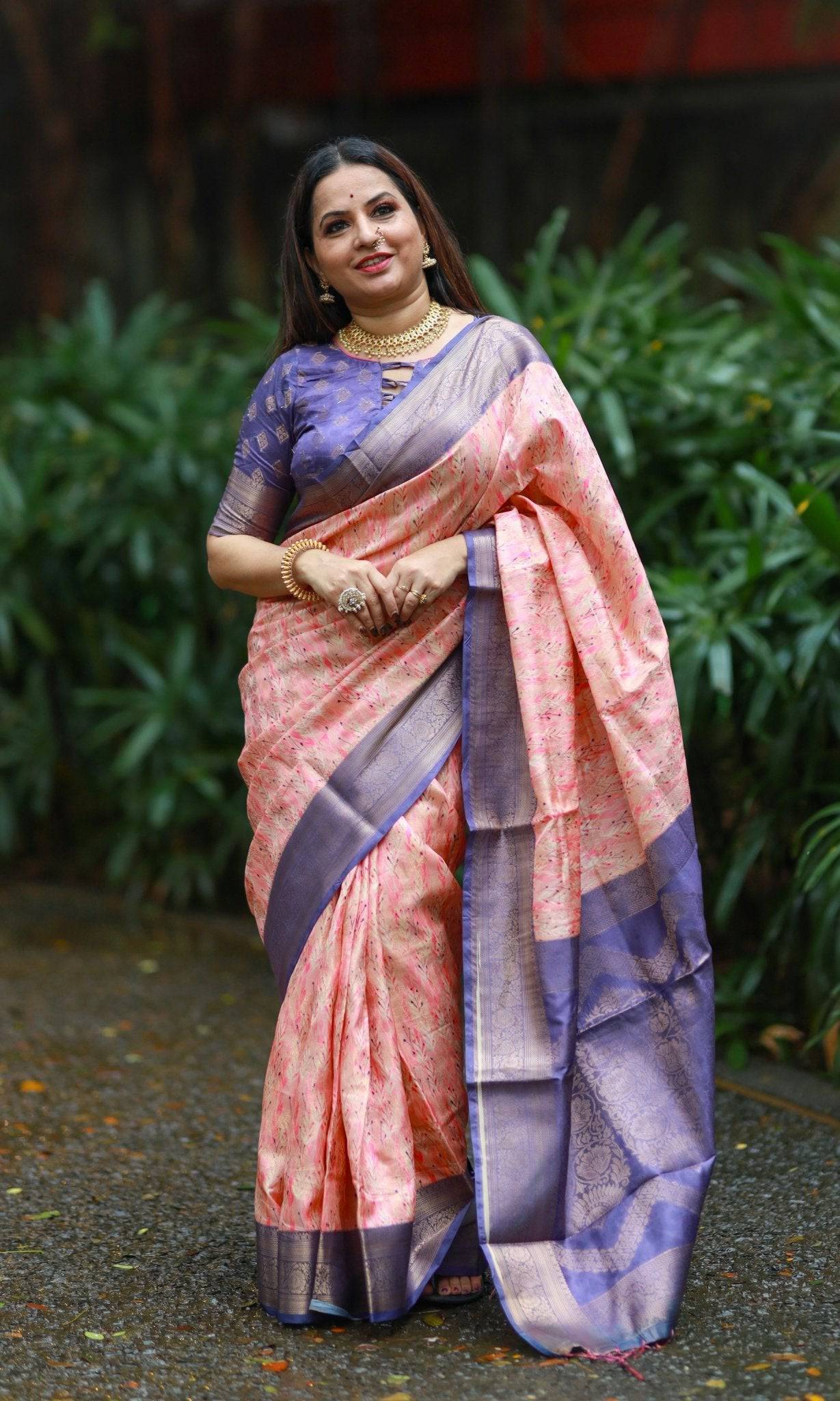 Soft Peach Banarasi Silk Saree with Lavender Zari Border & Delicate Floral Design