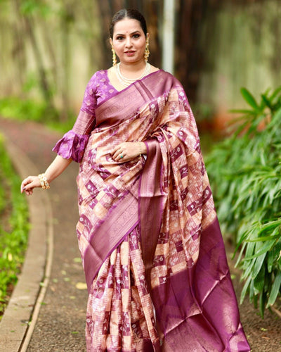 Regal Purple Banarasi Silk Saree with Beige Checkered Design, Zari Border & Pallu