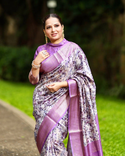 Lavender Banarasi Silk Saree with Delicate Floral Prints and Lustrous Zari Borders