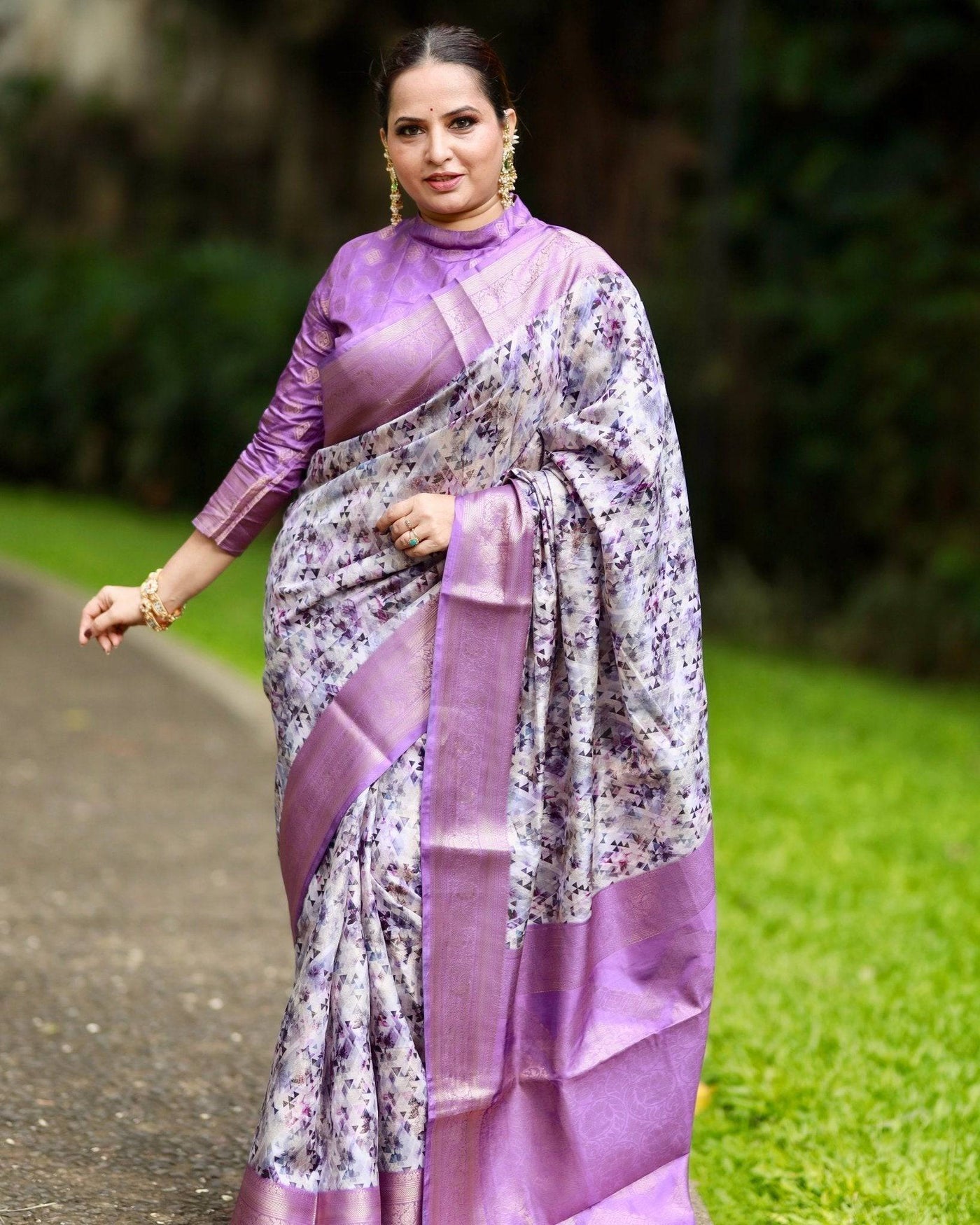 Lavender Banarasi Silk Saree with Delicate Floral Prints and Lustrous Zari Borders