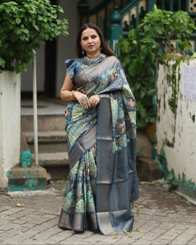 Elegant Teal Blue Banarasi Silk Saree with Forest-Inspired Motifs and Tassels