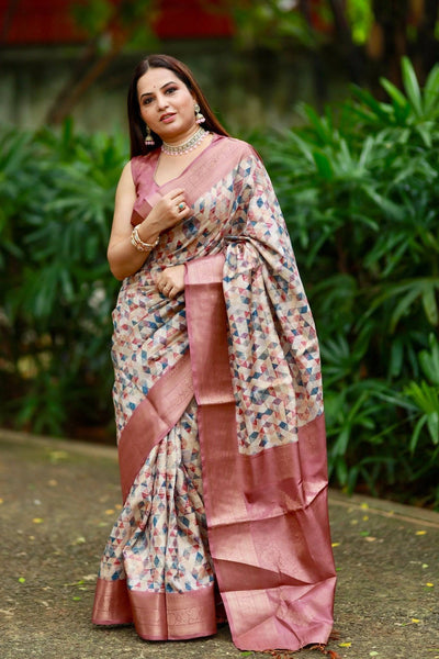 Elegant Banarasi Digital Printed Saree with Rose Gold Zari Border and Tassels