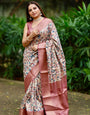 Elegant Banarasi Digital Printed Saree with Rose Gold Zari Border and Tassels