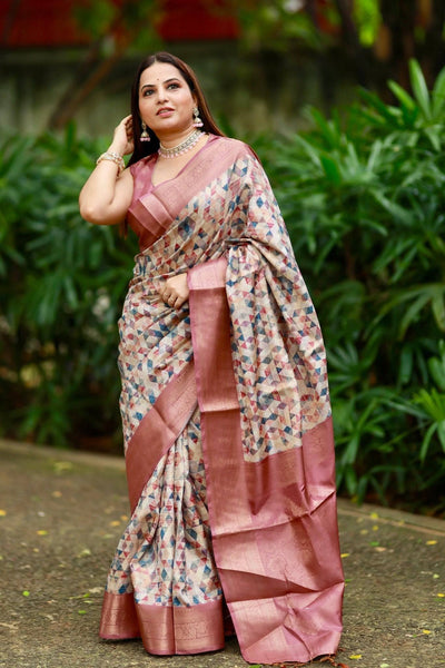 Elegant Banarasi Digital Printed Saree with Rose Gold Zari Border and Tassels