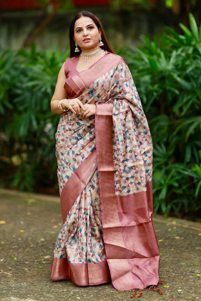 Elegant Banarasi Digital Printed Saree with Rose Gold Zari Border and Tassels